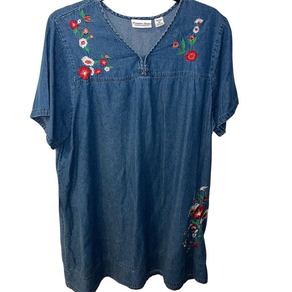 Vermont Country Store Denim Dress Women Plus 2X Floral Embroidered Shift Modest - Picture 1 of 7